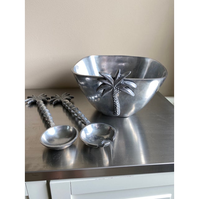 Contemporary Palm Tree Pewter Salad Bowl & Servers Chairish