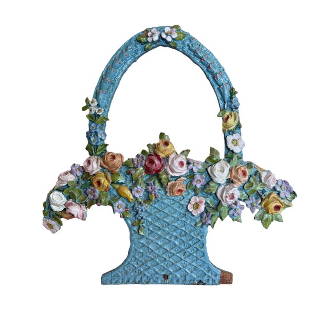 Victorian Victorian Carved Painted Wooden Basket & Flowers For Sale - Image 3 of 17