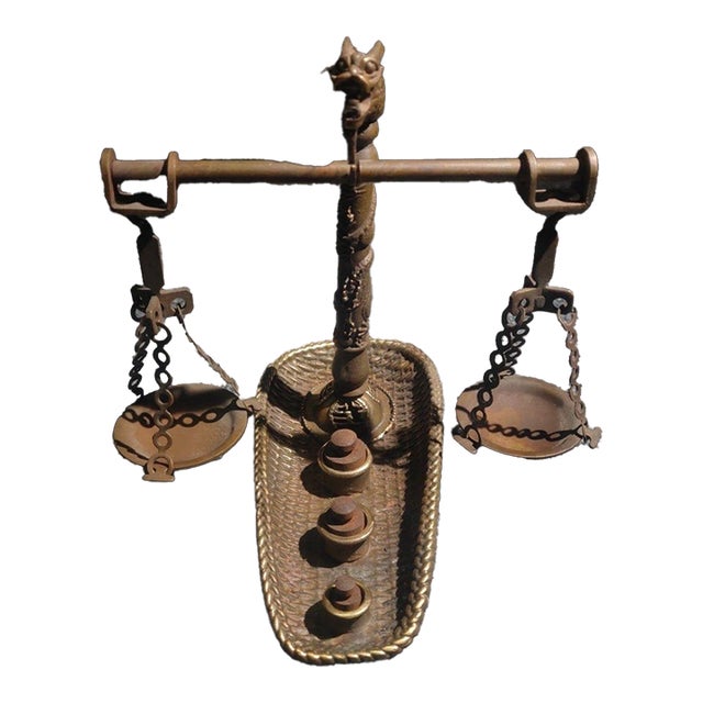 Vintage Brass Dragon-Head Balance Scale With Original Weights For Sale