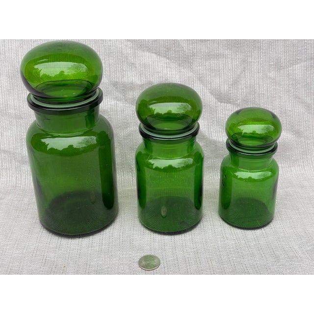 Green Vintage Apothecary Jar Set Green Glass Belgium For Sale - Image 8 of 13