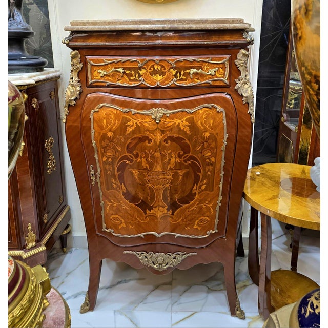 French Louis XVI Style Marble Top Commode Cabinet – Luxury Marquetry With Gold Leaf Details For Sale - Image 3 of 7
