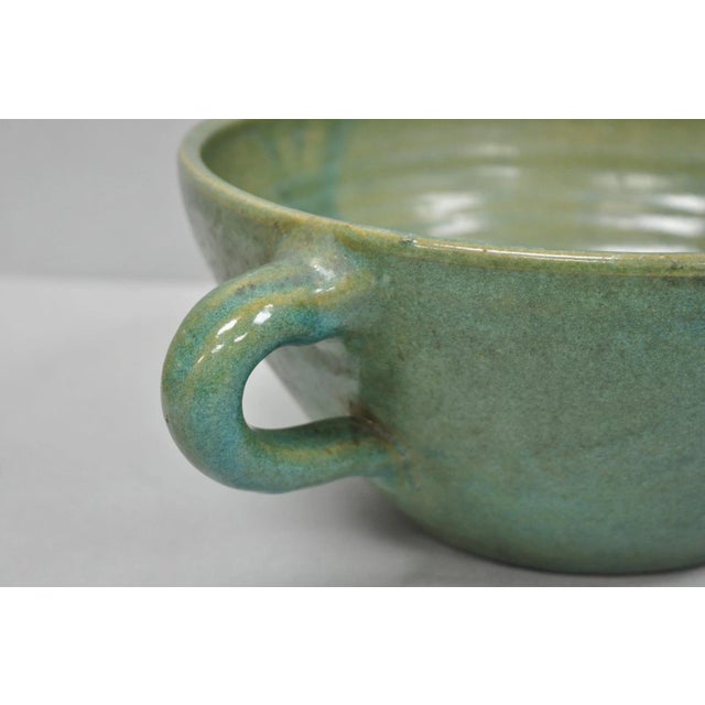 Ceramic Vintage Primitive Green Glazed Ceramic Pottery Large Mixing Bowl W Handle For Sale - Image 7 of 18