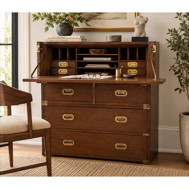 This charming hardwood desk antique military campaign chest of drawers / secretaire desk with huge oversize brass handles...