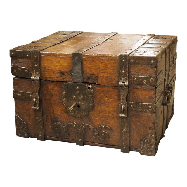 17th Century French Oak and Iron Money Chest With Original Lock and Key For Sale