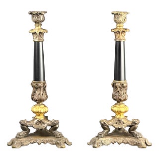 Antique French Bronze and Black Marble Candlesticks, 1860s, Set of 2 For Sale