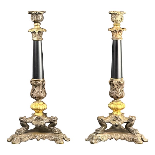Antique French Bronze and Black Marble Candlesticks, 1860s, Set of 2 For Sale