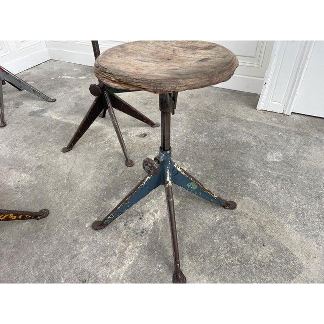 Industrial Quadripod Stools attributed to Jean Prouvé, 1950s, Set of 9 For Sale - Image 3 of 9