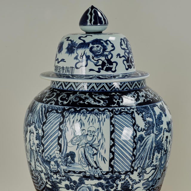 Pair of Chinese Blue and White Porcelain Palace Urns For Sale - Image 15 of 18