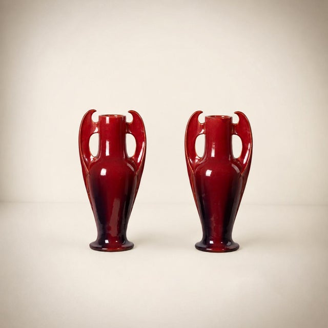 Art Nouveau Oxblood Enameled Ceramic Vases, France, 1900, Set of 2 For Sale - Image 3 of 3