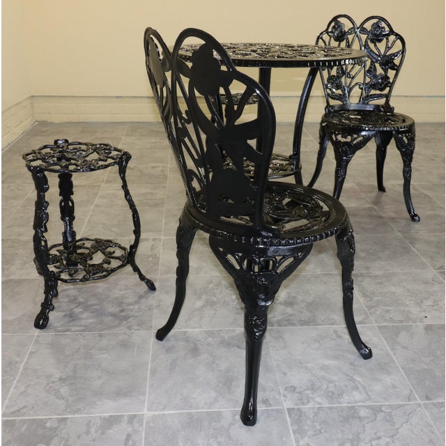 Black 1950s Rose-Pattern Cast Iron and Aluminum Garden Bistro Set With Two Plant Stands, 5 Pieces For Sale - Image 8 of 16