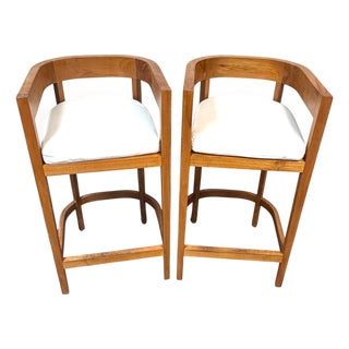 Pair Architectural Solid Teak Bar Stools Attributed to Palecek, Organic Modern For Sale
