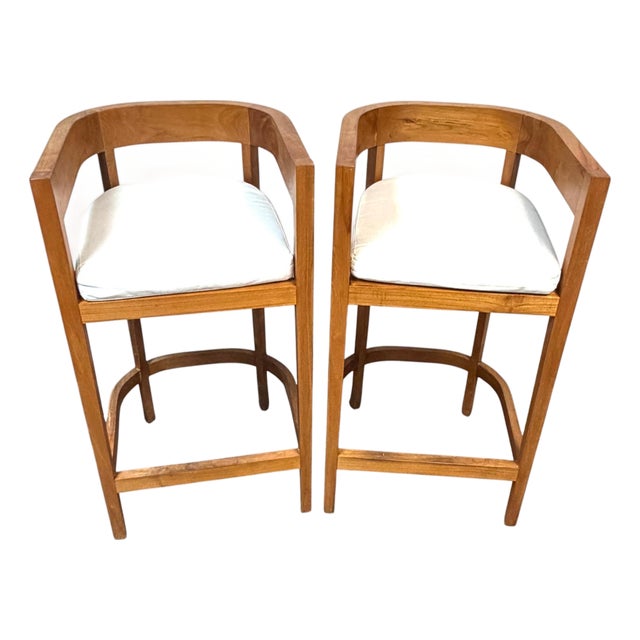 Pair Architectural Solid Teak Bar Stools Attributed to Palecek, Organic Modern For Sale