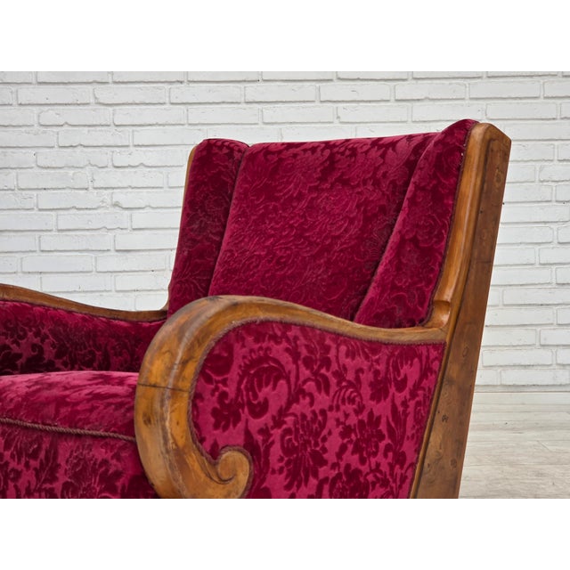 Danish Relax Armchair in Red Furniture Velour and Oak Wood, 1950s For Sale - Image 18 of 18