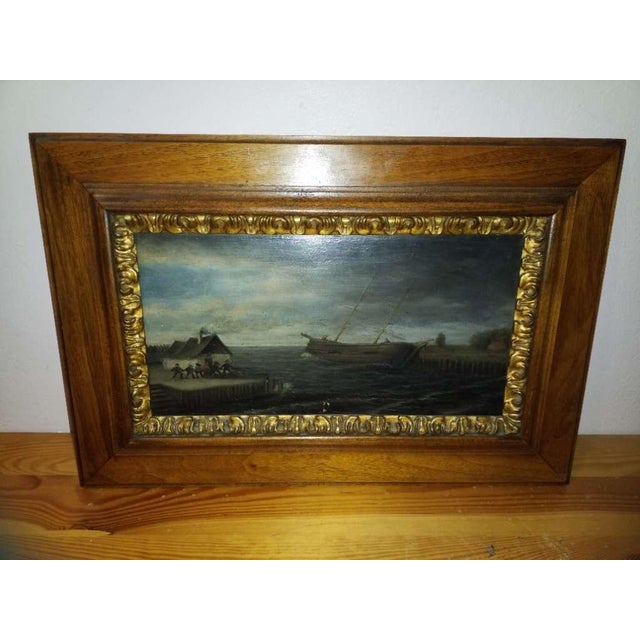 Flemish School Coastal Marine Scene, Fishermen Hauling a Boat Ashore, Early 18th Century, Oil on Oak Panel For Sale - Image 8 of 12