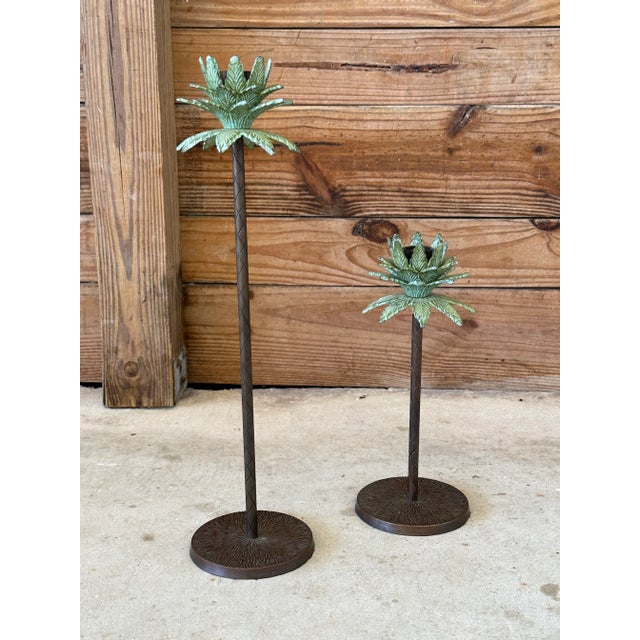 Verdigris Pair of Tropical Palm Tree Metal Candle Holders With Verdigris Finish For Sale - Image 8 of 8