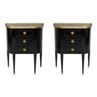 Pair of Ebonized French Marble-Top Petite Commodes With Brass Gallery For Sale