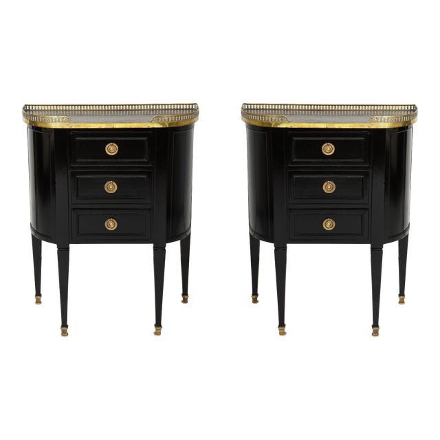 Pair of Ebonized French Marble-Top Petite Commodes With Brass Gallery For Sale