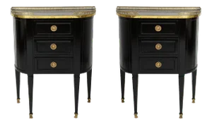 Pair of Ebonized French Marble-Top Petite Commodes With Brass Gallery