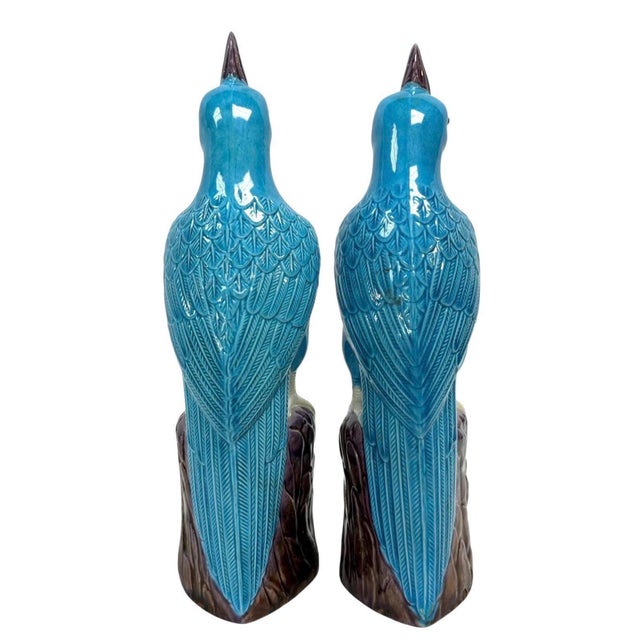 Mid 20th Century Vintage Chinoiserie Turquoise and Purple Glazed Parrot or Cockatoo Sculptures For Sale - Image 5 of 7