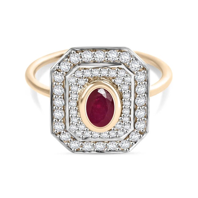 Metal Art Deco Ruby Halo Diamond Ring in 14k Gold Size 6 For Sale - Image 7 of 12
