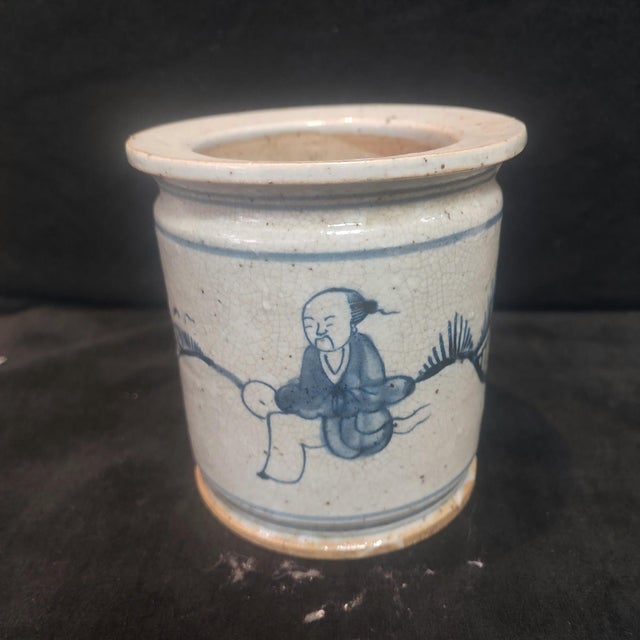 Art Deco Chinese Ceramic Pot,Blue and White Porcelain Brush Pot Hand Painted Figures Pattern For Sale - Image 3 of 11