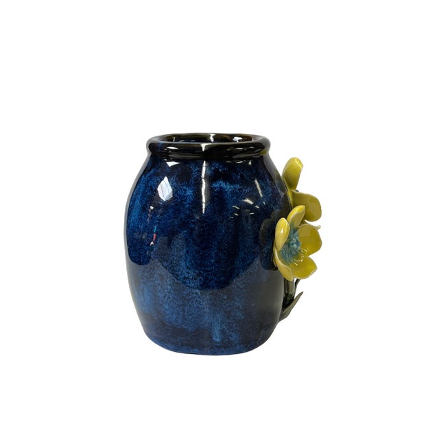 2020s Navy Blue Glaze Dimensional Yellow Flower Holder Pot Vase For Sale - Image 5 of 5