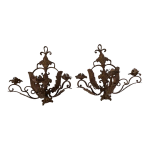 Large 19thc French Louis XVI Manor Style Dark Patinated Iron 3 Light Candle Sconces a - Pair
