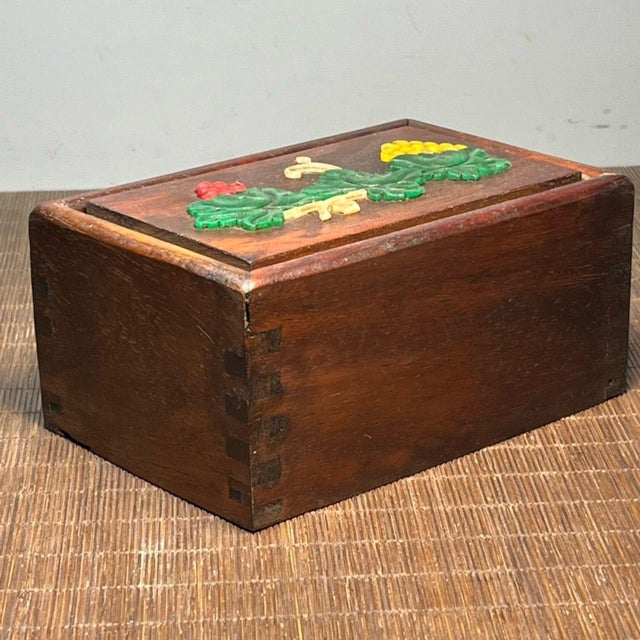 Brown Carved Hardwood Sliding Box With Bone Inlay — Botanical Leaf & Berry Motif For Sale - Image 8 of 9