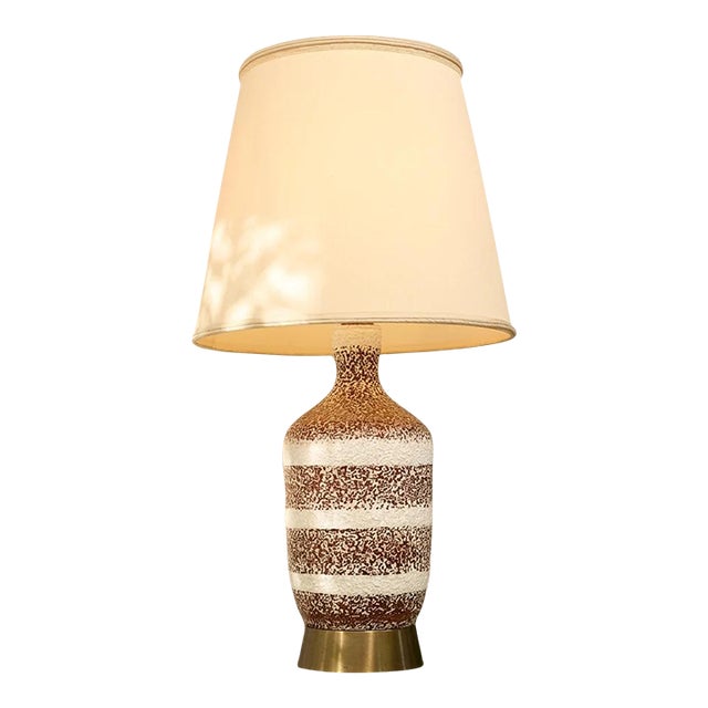 Vintage Textured Ceramic Table Lamp With Brown and White Stripes For Sale