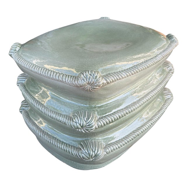 Chinese Celadon Green Terracotta Stacked Pillow Garden Stool or Table For Sale