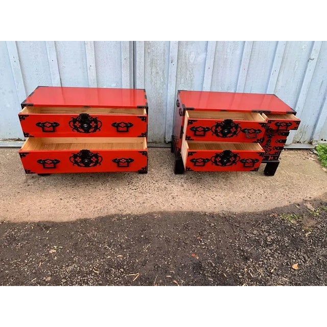 Mid 20th Century Vintage Asian Style Red Painted Iron Mounded Campaign Cedar Type Chests. A Pair For Sale - Image 4 of 12
