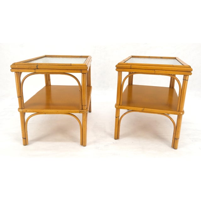 Transparent Pair c1970s Bamboo Rattan Two Tier Rippled Glass Top Rectangle End Side Tables For Sale - Image 8 of 14