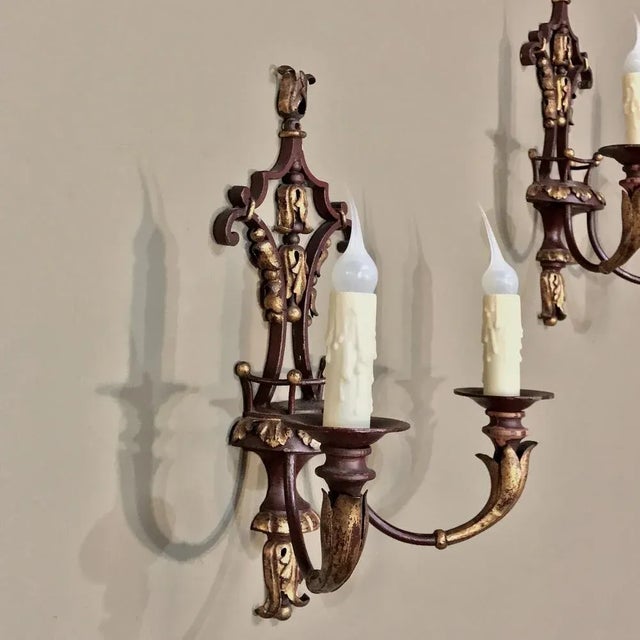 Early 20th Century Pair of Antique Italian Wrought Iron and Painted Wood Sconces For Sale - Image 5 of 12