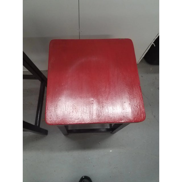 Two Vintage English Wooden Stools With Red Tops For Sale - Image 9 of 13