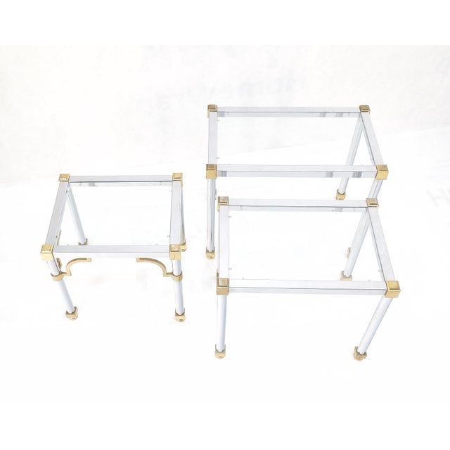 Metal Set of 3 Chrome & Brass Glass Tops End Nesting Side Lamp Tables MINT For Sale - Image 7 of 15