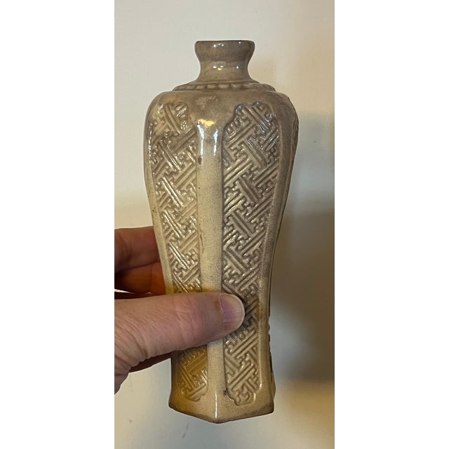 Antique 19th Century Chinese Pottery Crackle Glaze Vase With Relief Chinoiserie Chippendale Fence Design For Sale In New York - Image 6 of 12
