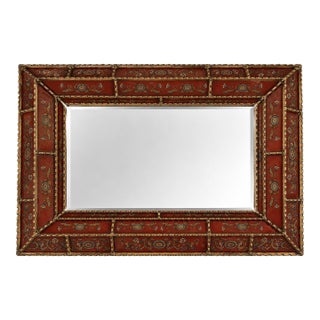 Large Vintage Peruvian Reverse-Painted Red Glass Mirror Gilt Hand-Carved Wood Frame Spanish Colonial Style For Sale