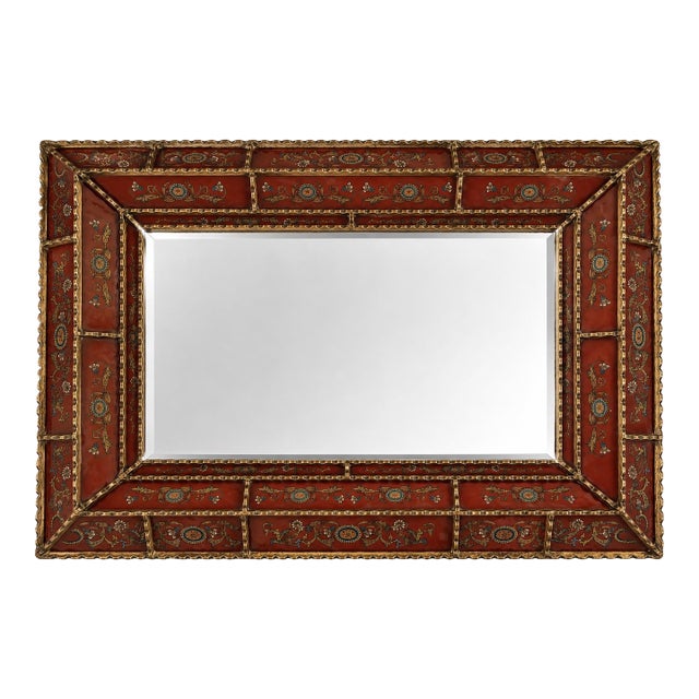 Large Vintage Peruvian Reverse-Painted Red Glass Mirror Gilt Hand-Carved Wood Frame Spanish Colonial Style For Sale