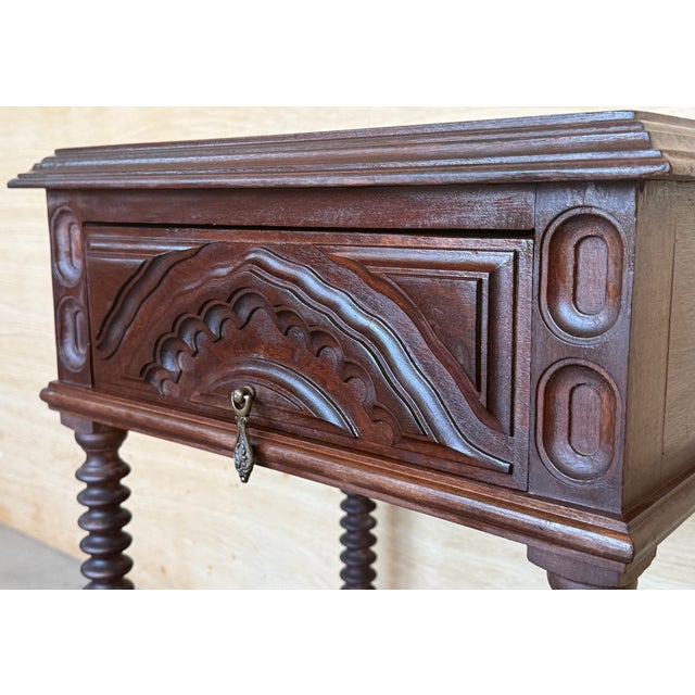 19th Century Pair of Light Walnut Carved Spanish Nightstands With Lentil Legs and Drawer For Sale - Image 9 of 13