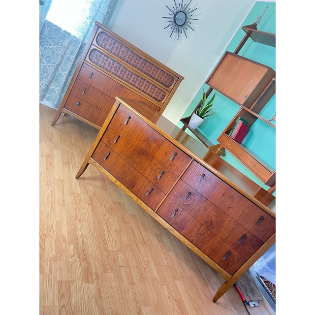 1960s Lane Perception Bedroom Set - Walnut Lowboy Dressers + Highboy Dresser Chest of Drawers For Sale - Image 9 of 12