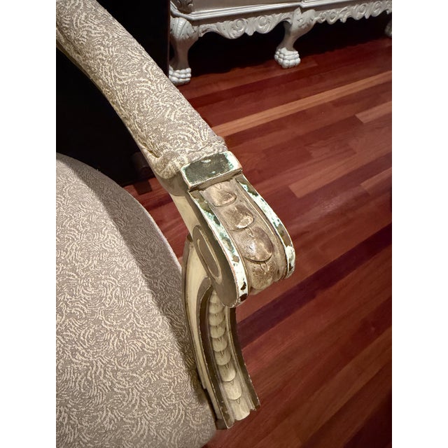 Cream Vintage 1940s Louis XVI French Revival Neoclassical Giltwood Bow-Crest Armchair For Sale - Image 8 of 11