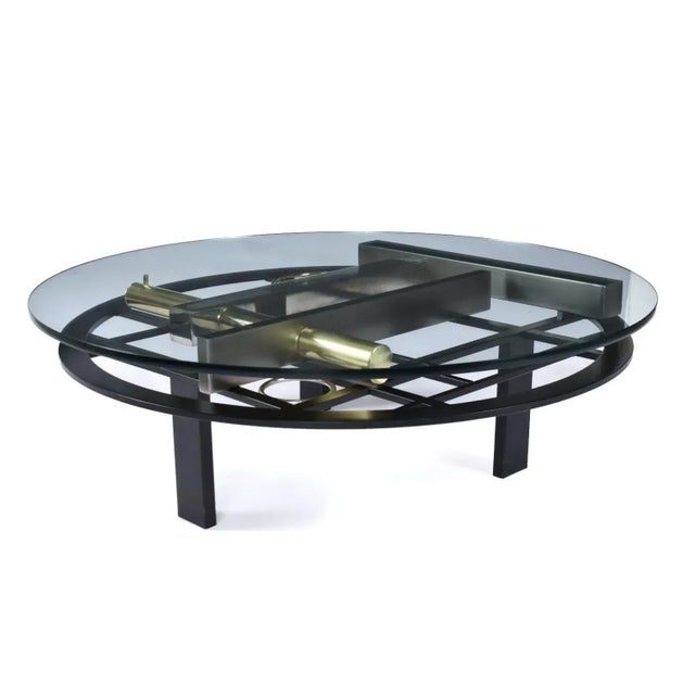 Contemporary Kaizo Oto Gold Black and Steel Art Deco Inspired Round Glass Top Coffee Table For Sale - Image 3 of 9