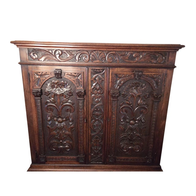 Traditional Antique Italian Renaissance Revival Walnut Marble Hutch China Liquor Cabinet Bar For Sale - Image 3 of 16