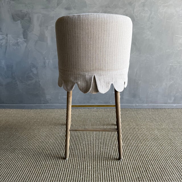 Not Yet Made - Made To Order Kate Slip Covered Counter Stool -Ticking 100% Linen With Raw Brass Foot Rail For Sale - Image 5 of 11