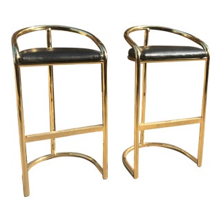 Milo Baughman Style Brass Bar Stools - A Pair For Sale