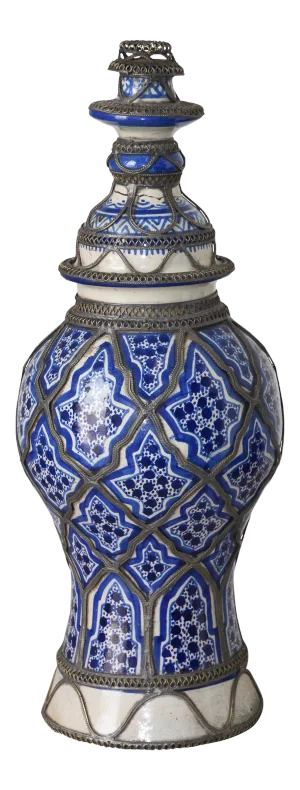 Antique Fez Moroccan Ceramic with Silver Filigree Candlestick