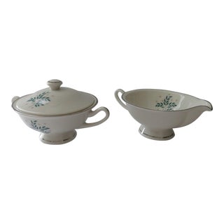 Vintage 1950s Syracuse China Lyric Pattern Sugar Bowl With Lid and Creamer Set For Sale