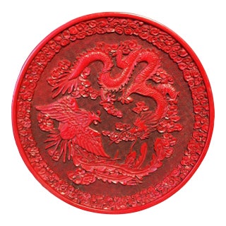 Carved Red Lacquer Dragon and Phoenix Round Decorative Plate For Sale