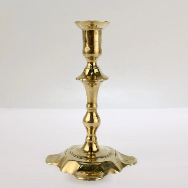 English Antique 18th Century George II English Brass Petal Base Single Candlestick For Sale - Image 3 of 13
