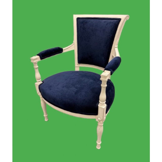 Vintage Classic French “ Petite “ Louis XVI Style Armchairs Featuring Deep Navy Blue Velvet Upholstery - A Pair For Sale - Image 9 of 12